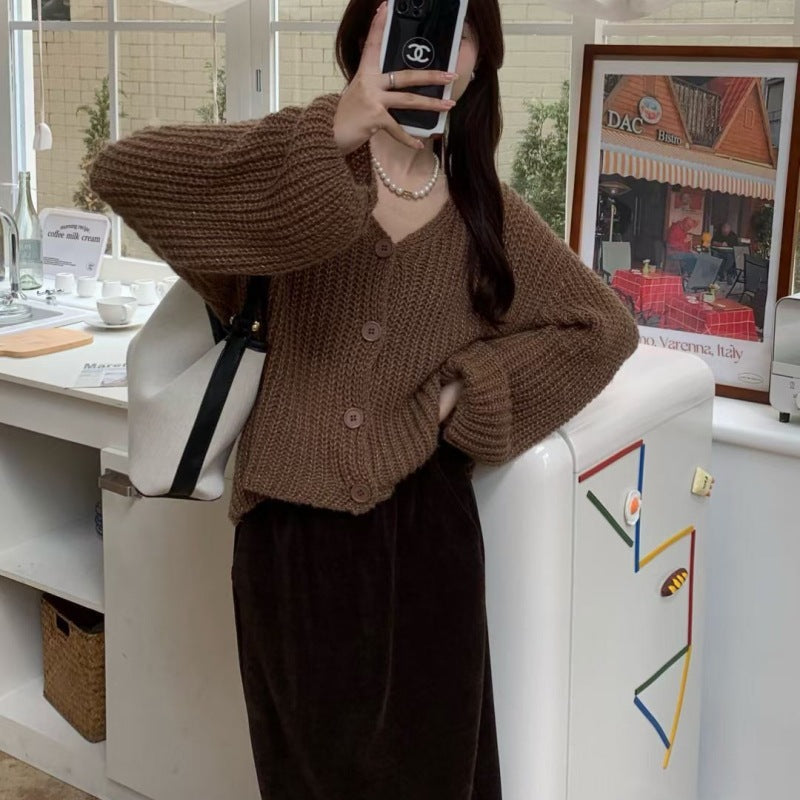 Damen lässiger Cardigan aus grobem Strick mit praktischen Knöpfen Drune