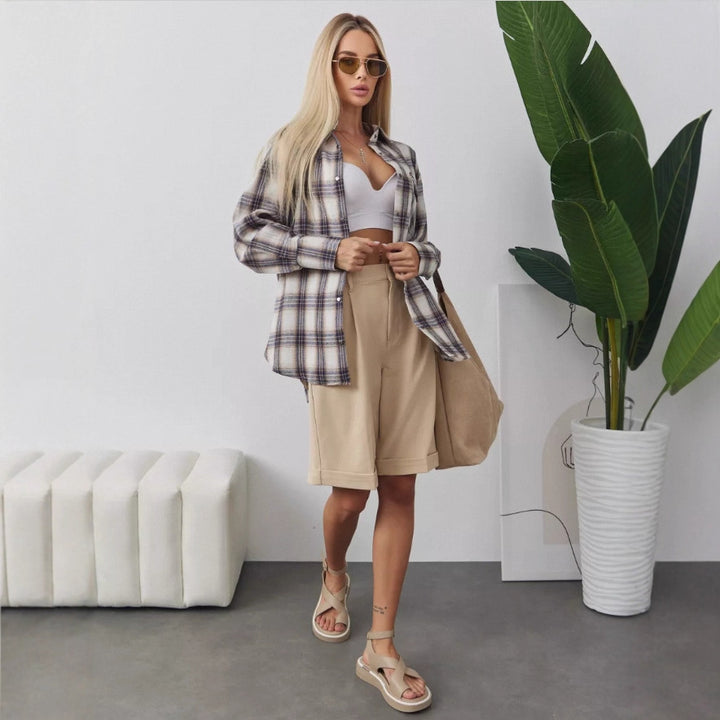 Damen oversized Karohemd mit Brusttasche und knöpfbarem Design Drune