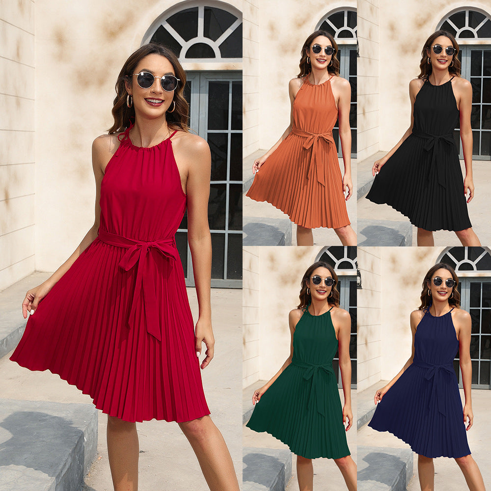 Damen Plissiertes Sommerkleid mit tailliertem Gürtel und Halterneck Drune
