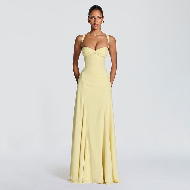 Damen Elegantes Maxikleid mit fein gerafftem Oberteil und Spaghettiträgern Drune