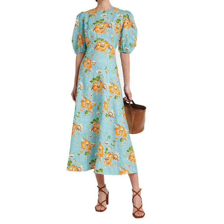 Damen Midikleid mit voluminösen Puffärmeln und floralem Muster Drune