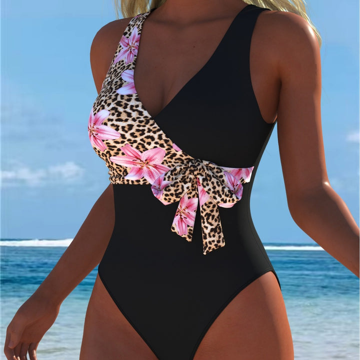 Damen Einteiliger Badeanzug mit floralem Wickeldesign und trendigem Leopardenmuster Drune