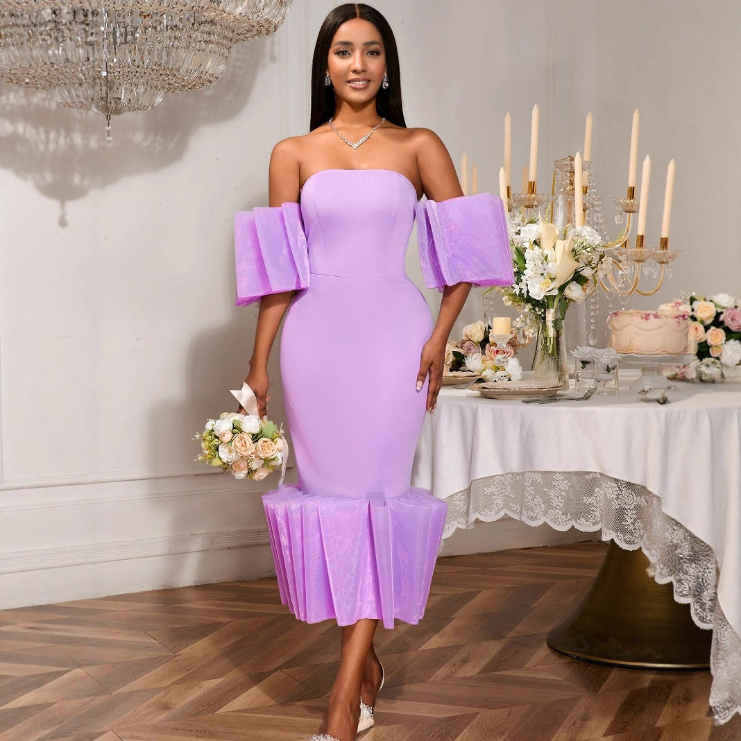 Damen Elegantes Midi-Kleid mit voluminösen Rüschenärmeln und asymmetrischem Saum Drune