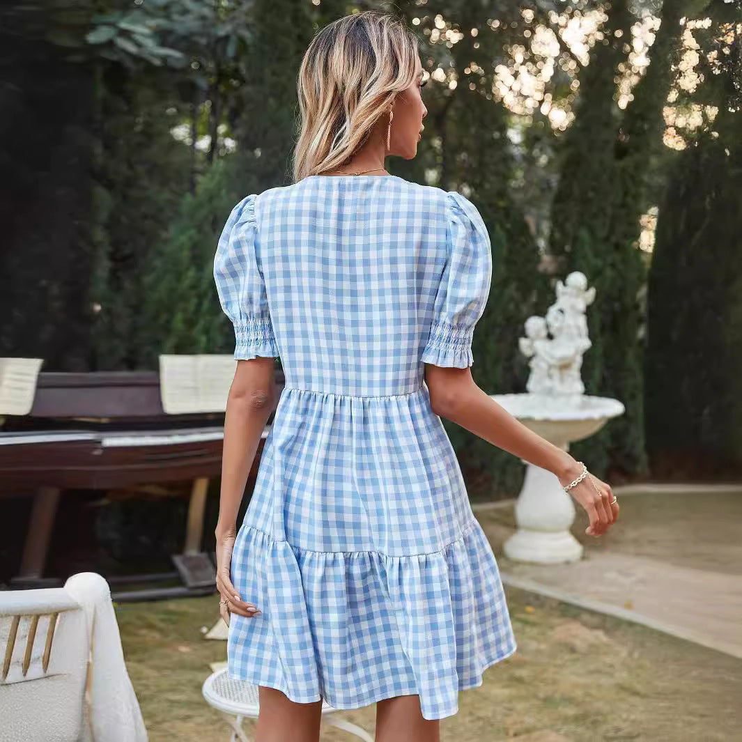 Damen Gingham-Kleid mit Volant und Puffärmeln Drune