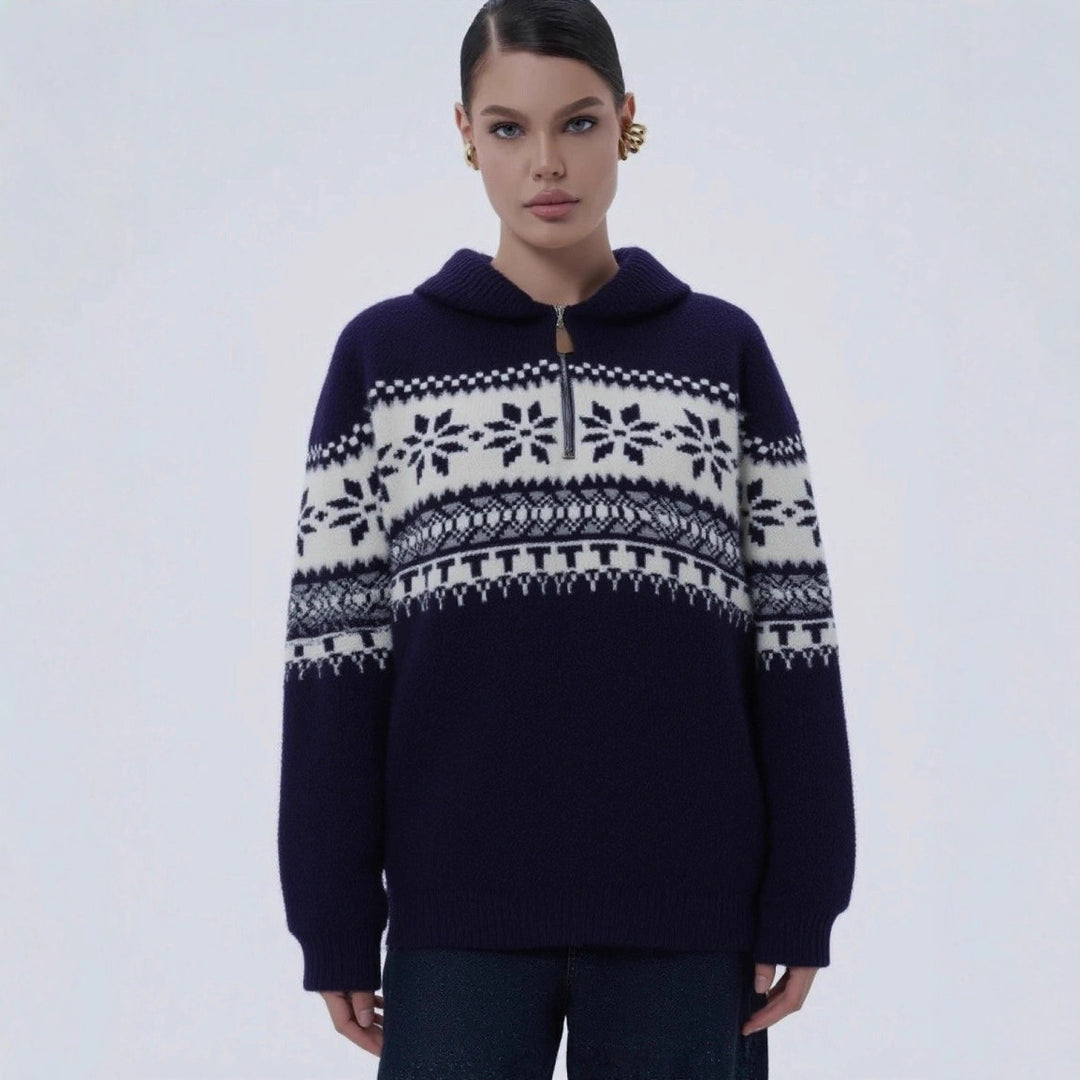 Damen gestrickter Pullover mit Halskragen und Modischem Norweger-Muster Drune