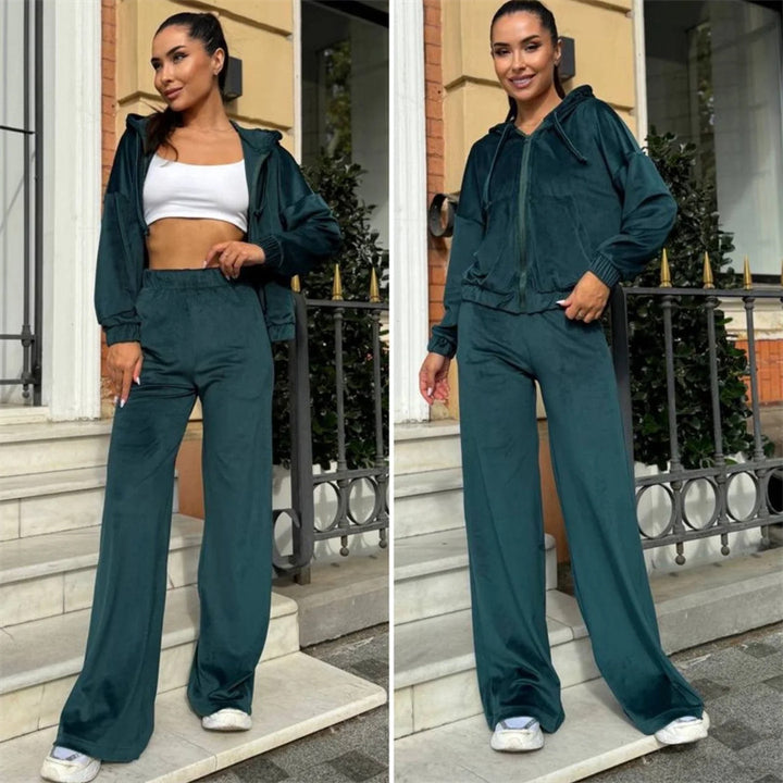 Damen Sportlicher Velours-Jogginganzug mit Kapuze und Komfort-Taille Drune