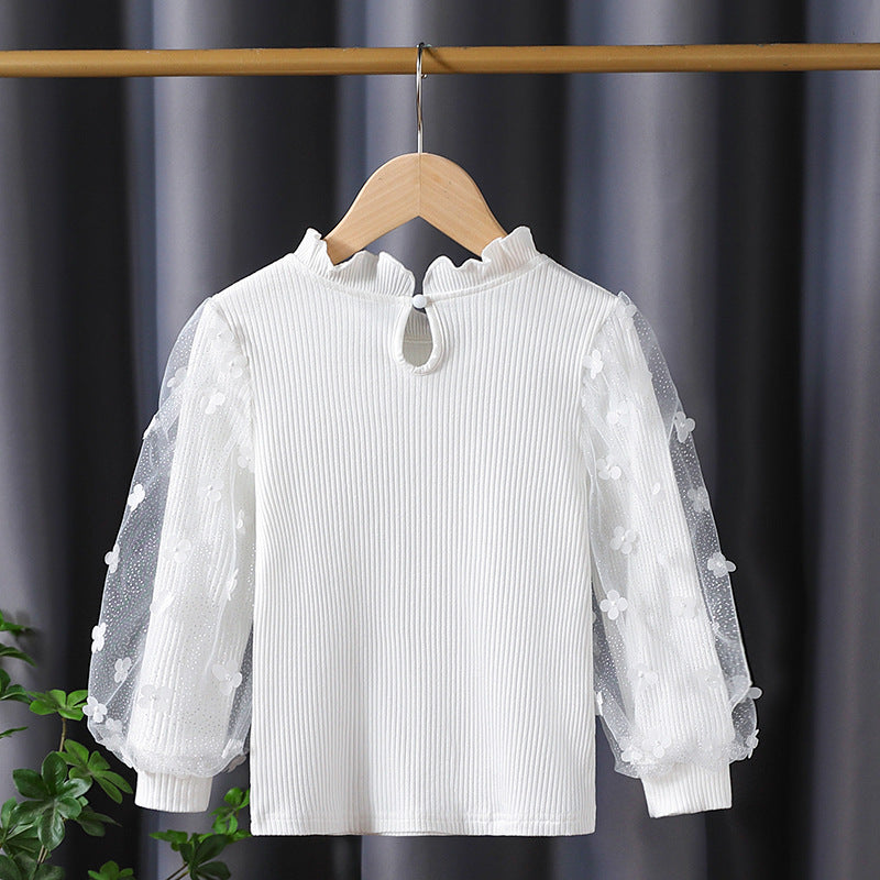 Mädchen Rüschenbluse mit floralen Applikationen und transparenten Ärmeln Drune