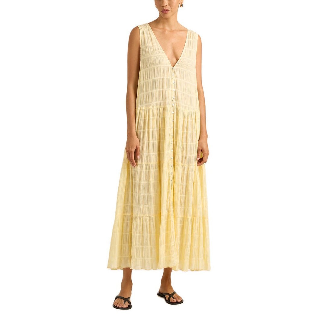 Damen Maxikleid mit tiefem V-Ausschnitt und gestuftem Design Drune