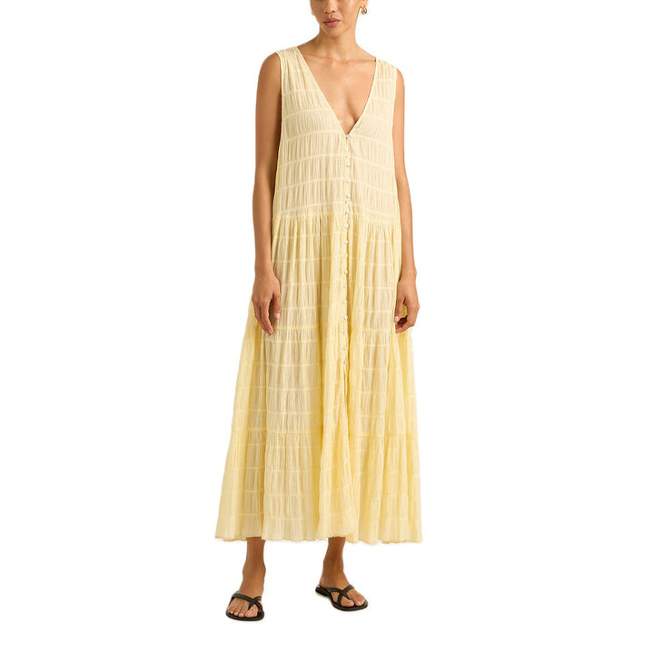 Damen Maxikleid mit tiefem V-Ausschnitt und gestuftem Design Drune