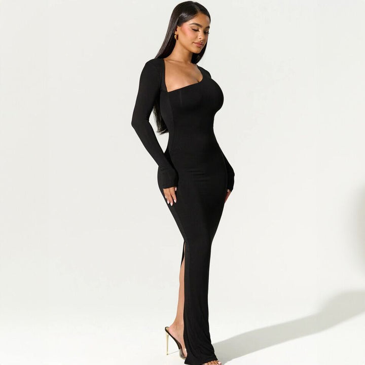 Damen elegantes Wickel-Maxi-Kleid mit asymmetrischem Halsausschnitt Drune