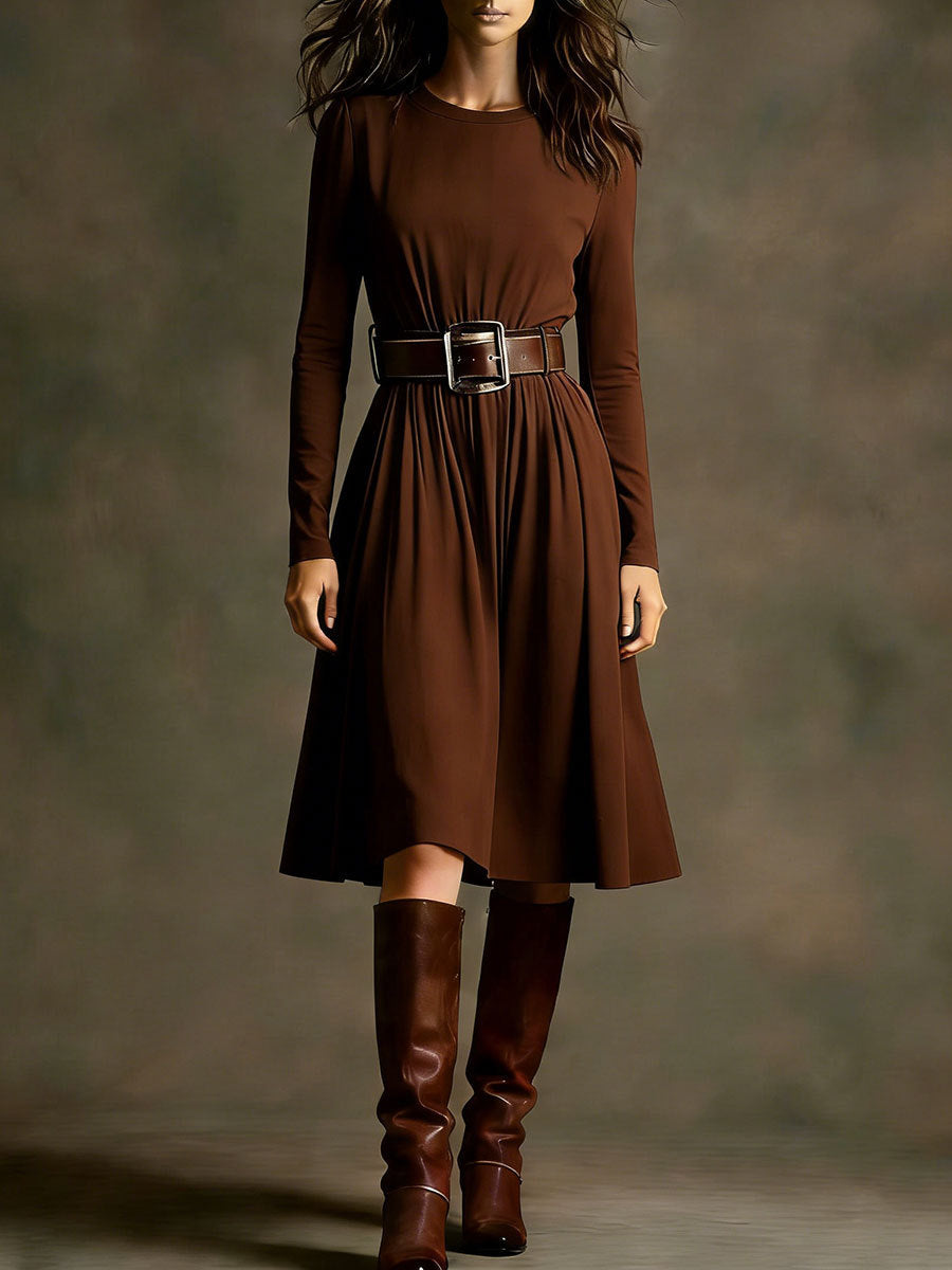 Damen Elegantes Kleid mit langem Arm und Taillengürtel Drune