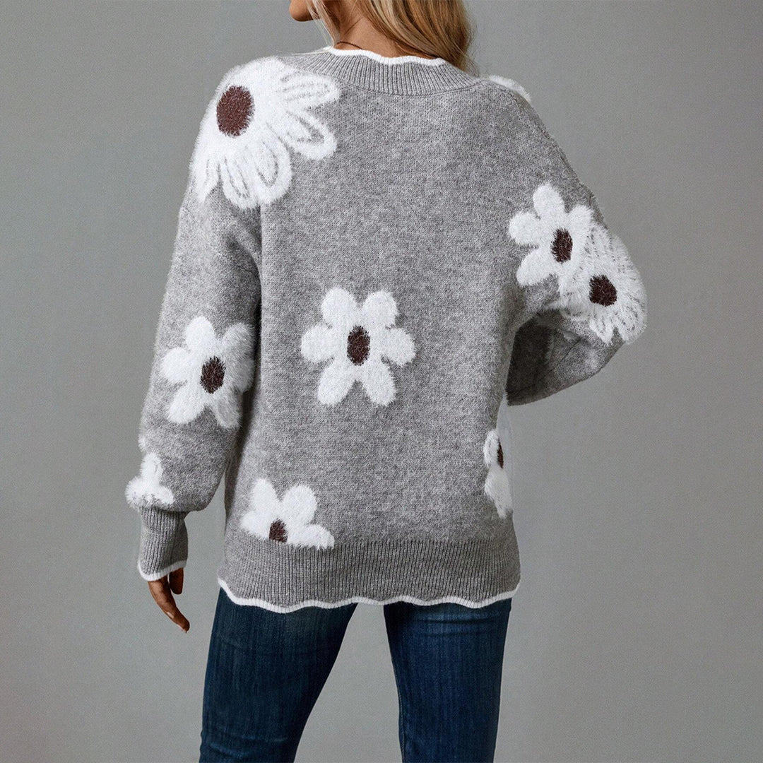 Damen Strickpullover mit floralem Design und glamourösem V-Ausschnitt Drune