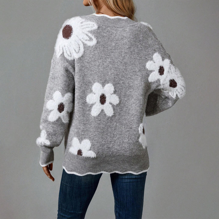 Damen Strickpullover mit floralem Design und glamourösem V-Ausschnitt Drune