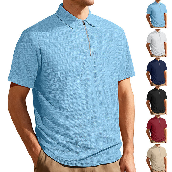 Herren nan schmal geschnittenes Halbzip-Polo mit feiner Fischgrät-Jacquardstruktur Drune