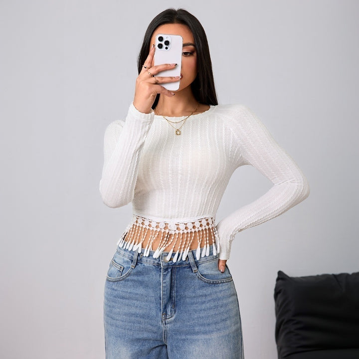 Damen Cropped Langarmshirt mit besonderen Fransen-Details Drune