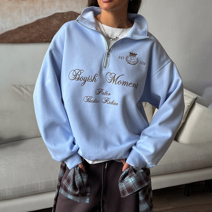 Damen Sweatshirt mit modernem Stehkragen und kreativem Druck Drune