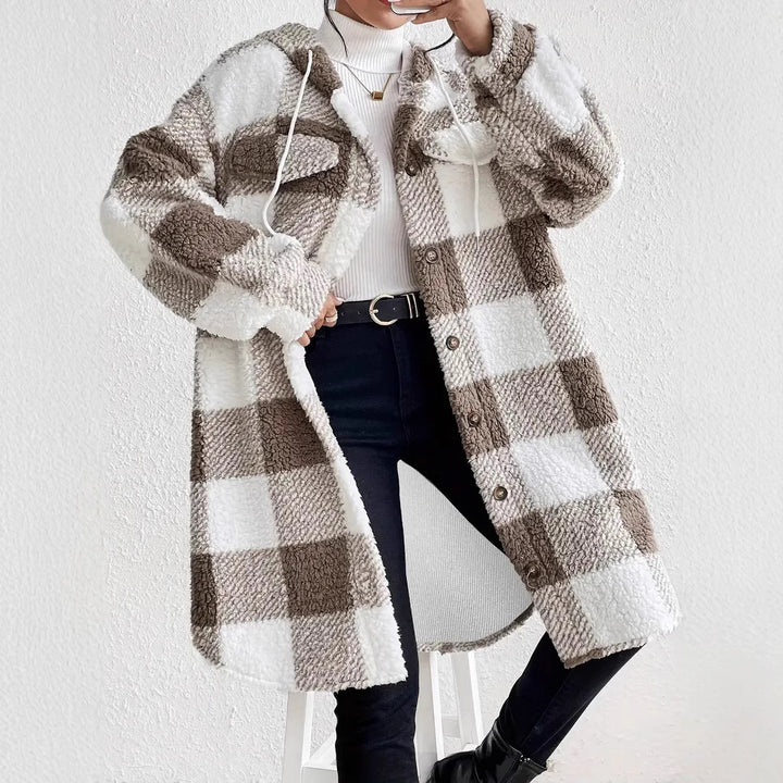 Damen Plüschige Karojacke im Oversized-Stil mit Knopfleiste Drune