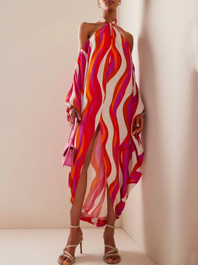 Damen Maxikleid mit asymmetrischem Saum und modischen Streifen Drune