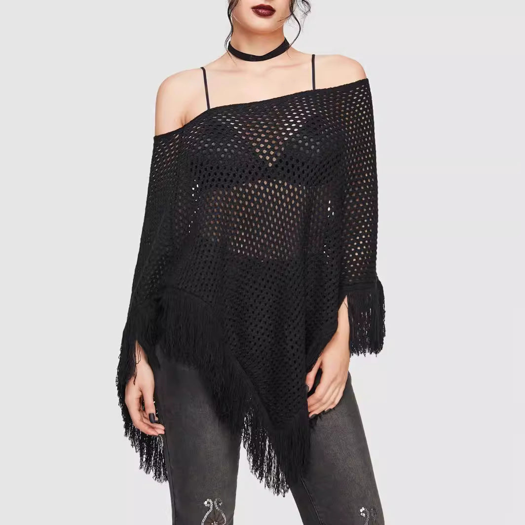 Damen Transparente Netz Poncho mit Fransen Drune