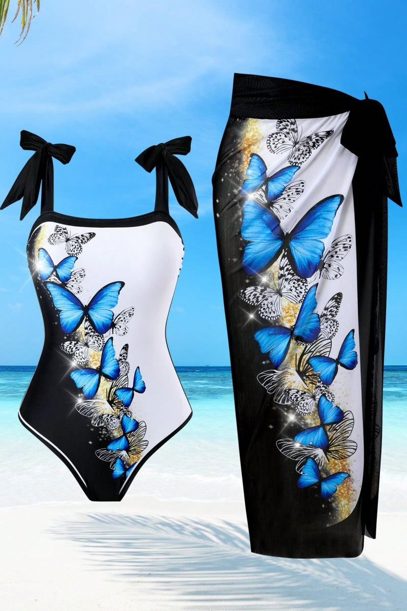 Damen Einteiler Badeanzug mit schickem Wickelrock und Butterfly-Motiv Drune