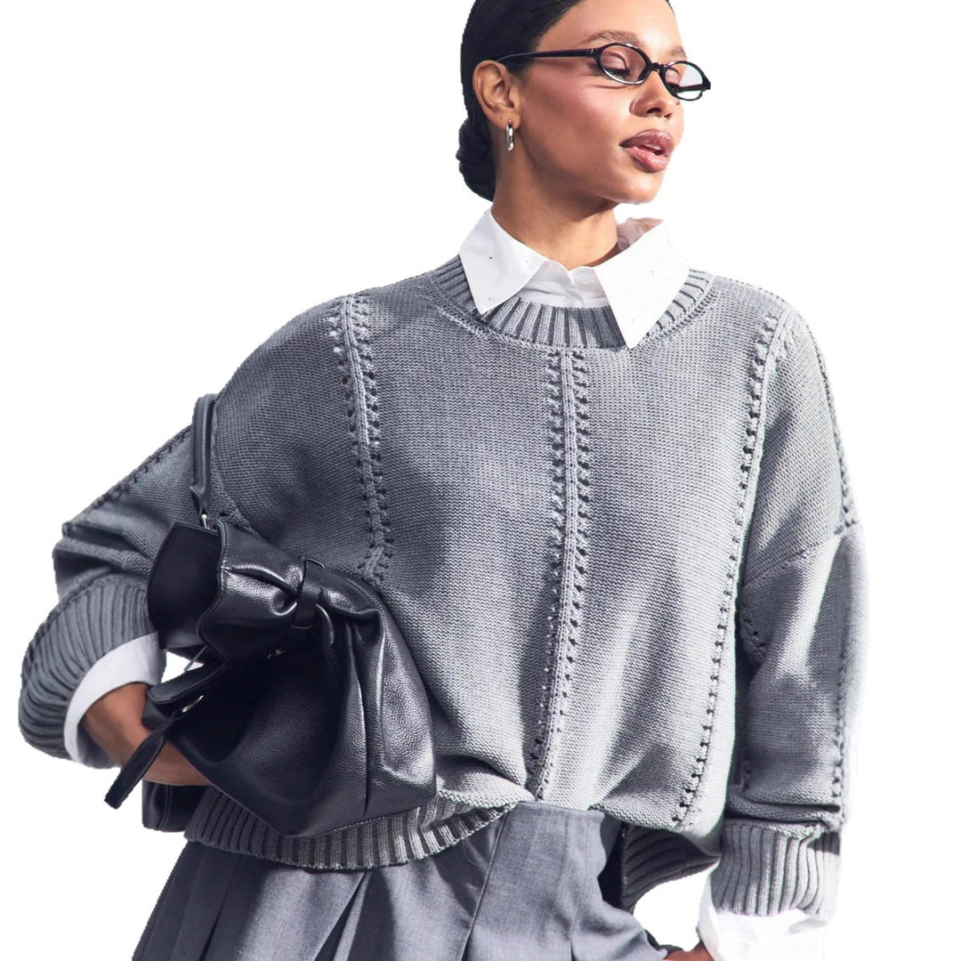 Damen Strickpullover mit dekorativem Lochmuster und voluminösen Ärmeln Drune