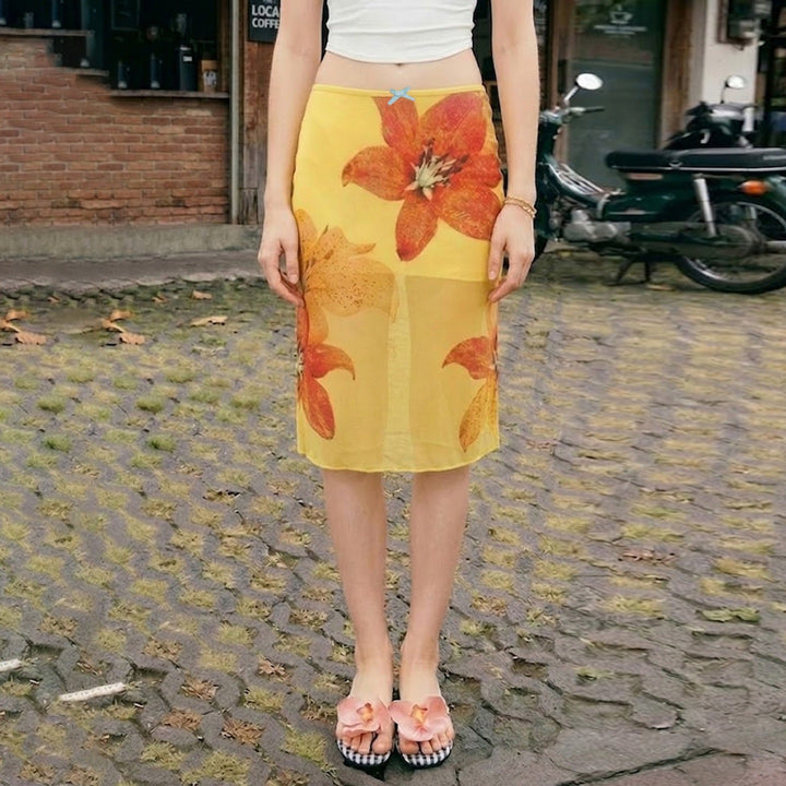 Damen Midi-Rock mit floralem Chiffon und elastischem Bund Drune