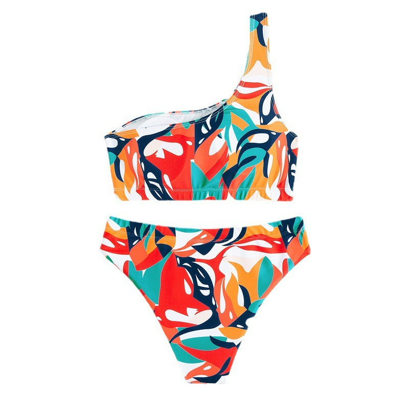 Damen einseitiger Bikini mit modischem floralem Print und hohen Beinausschnitten Drune