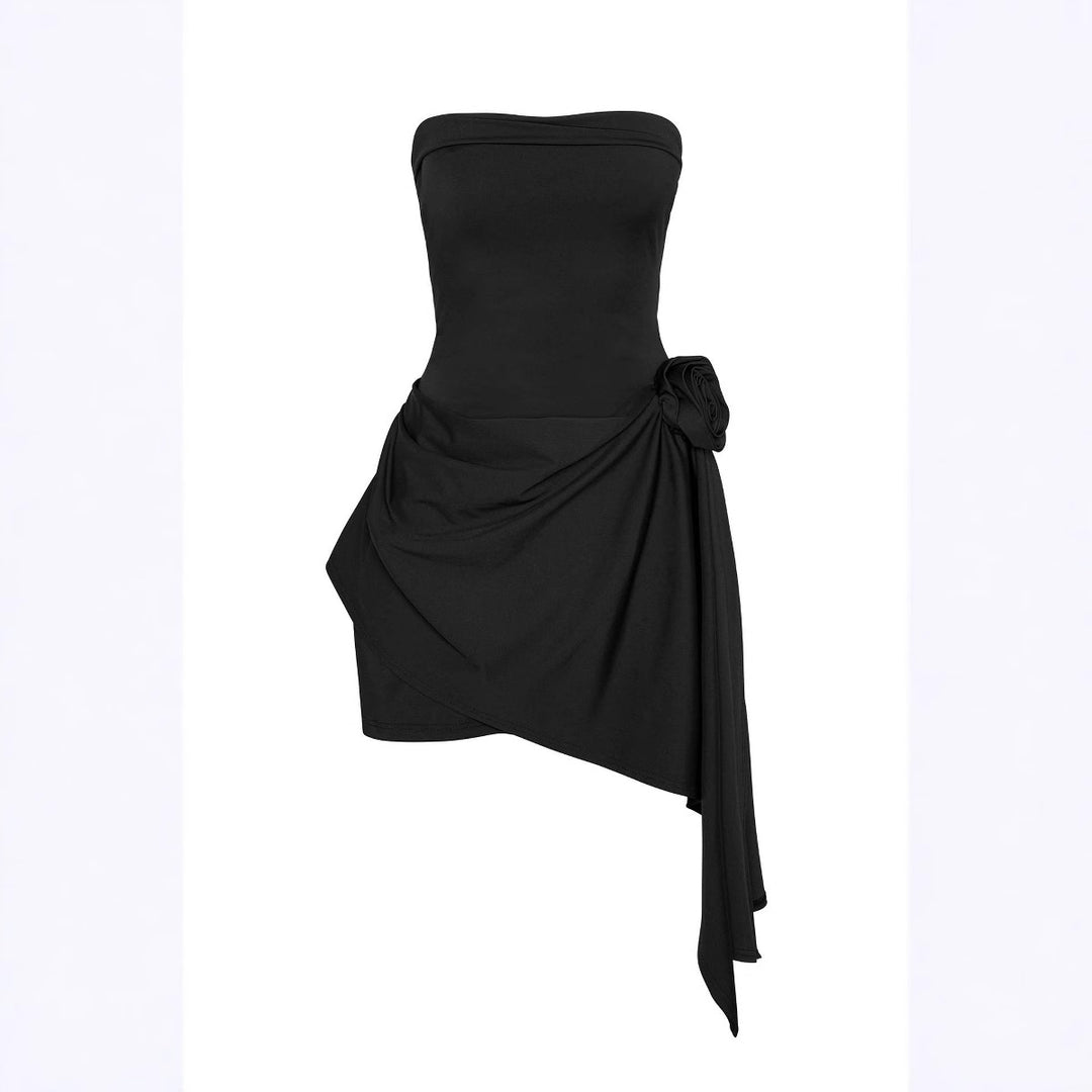 Damen elegantes schulterfreies Wickelkleid mit asymmetrischem Saum und floralem Detail Drune