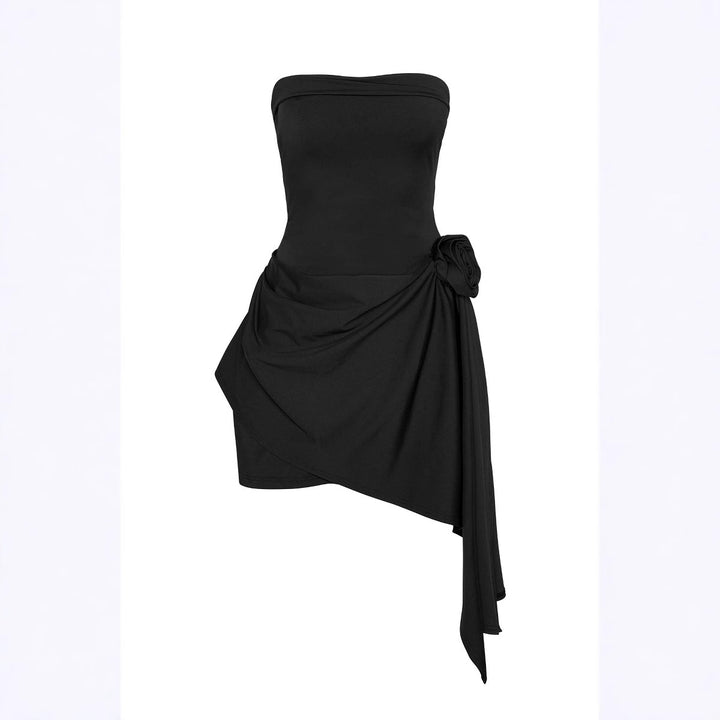 Damen elegantes schulterfreies Wickelkleid mit asymmetrischem Saum und floralem Detail Drune