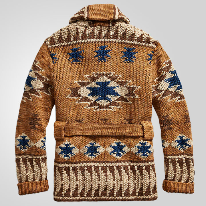 Damen Strickjacke mit beeindruckendem geometrischem Muster und integriertem Gürtel Drune