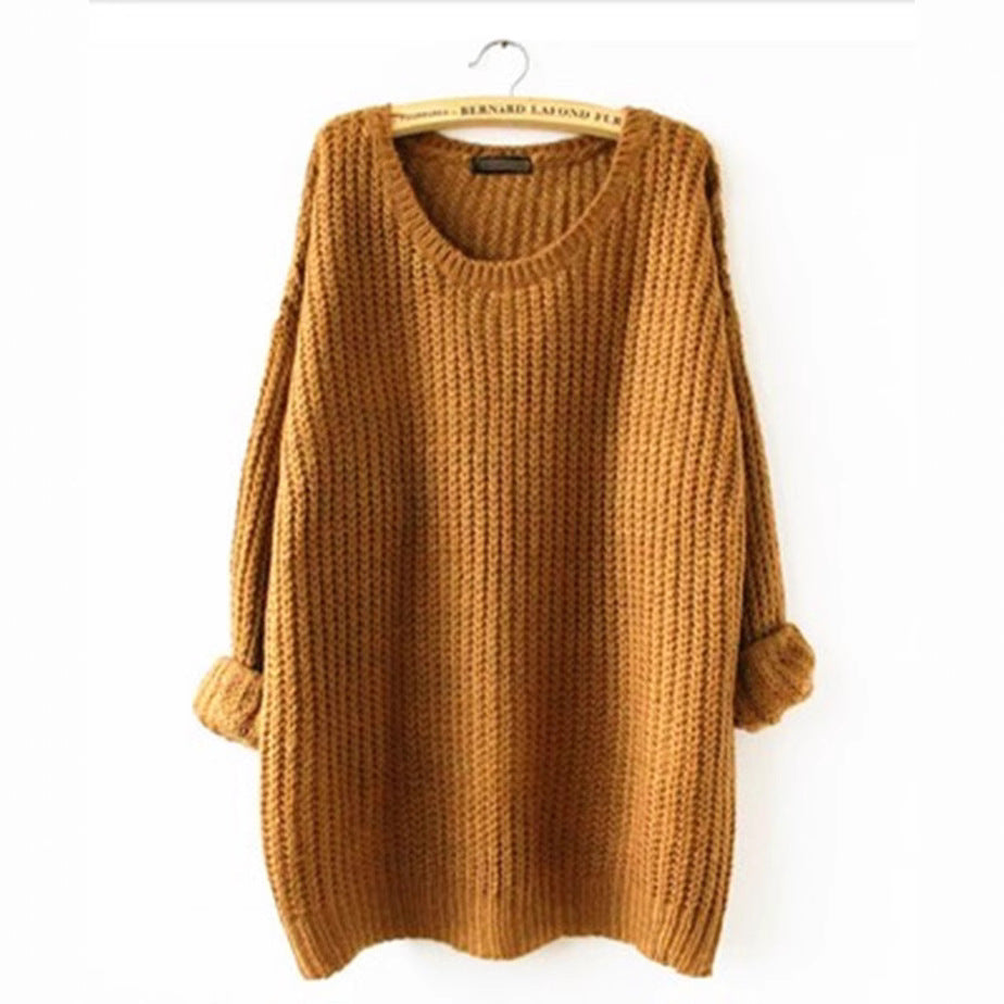 Damen Grobstrickpullover mit weiten Ärmeln und tiefem Rundhalsausschnitt Drune