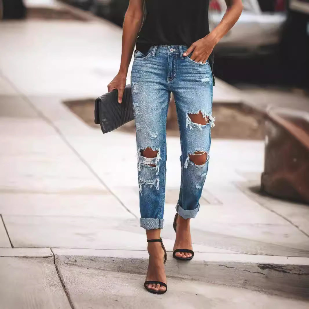 Damen Destroyed Boyfriend Jeans im lässigen Stil mit hohen Rissdetails Drune