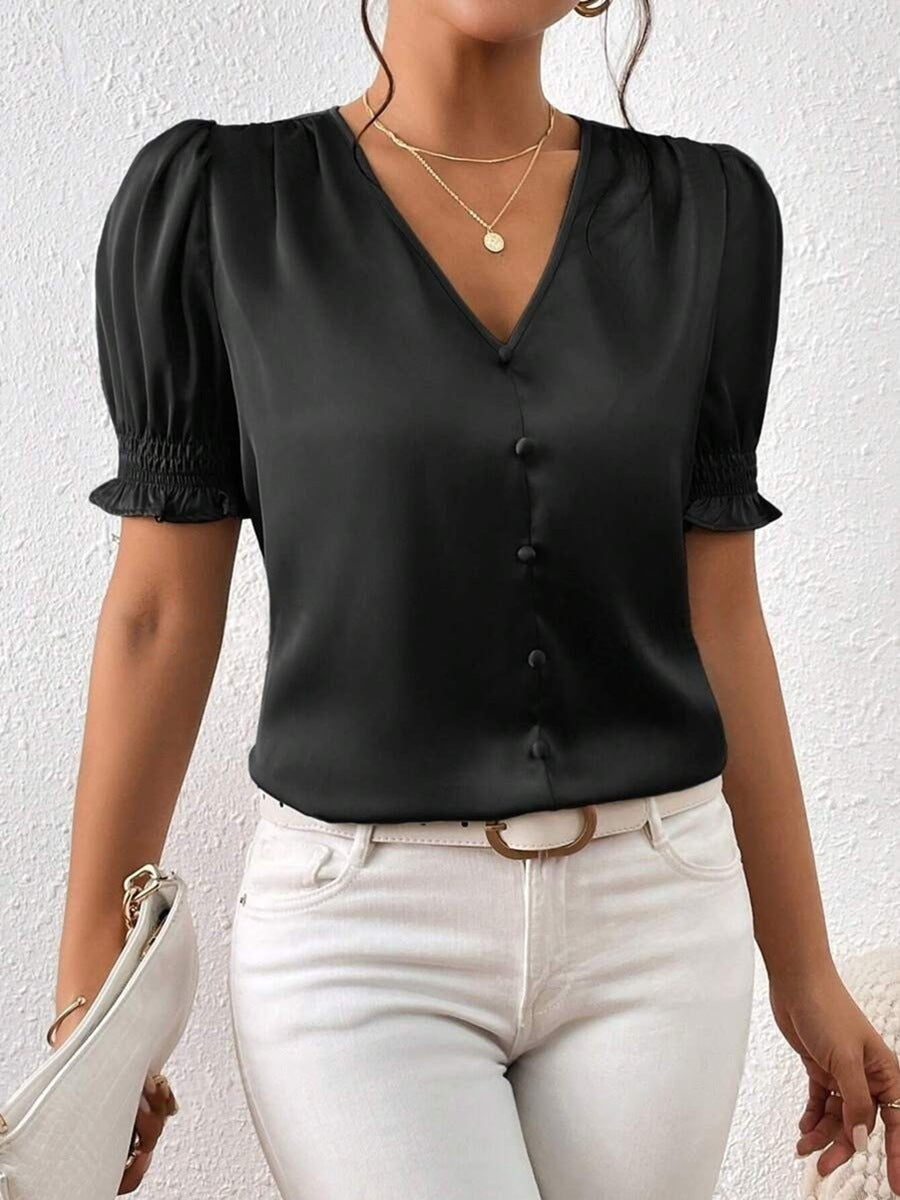 Damen Satinbluse mit Puffärmeln und eleganter Knopfleiste Drune