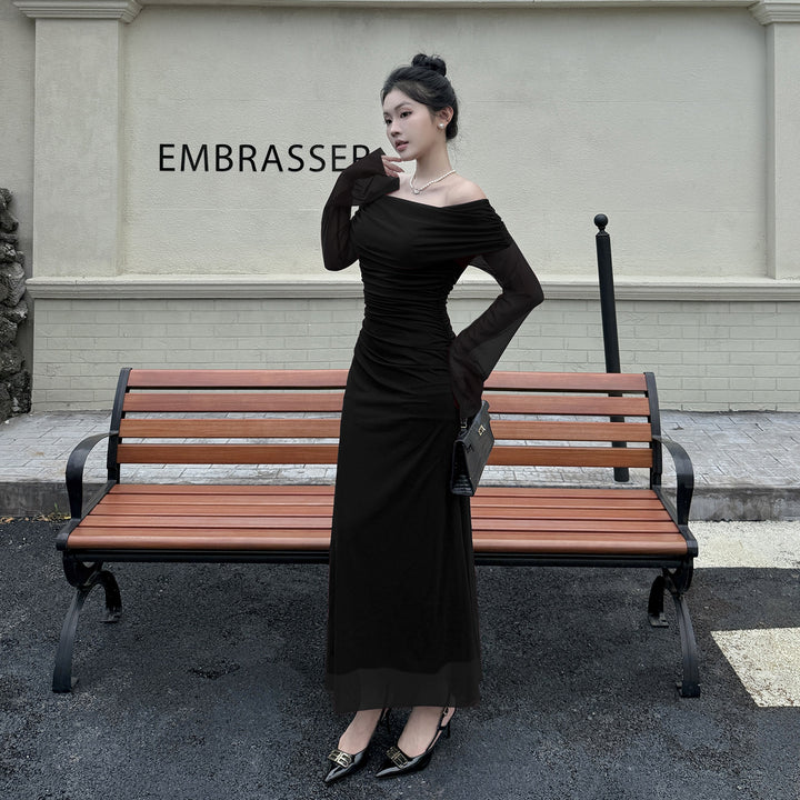 Damen Off-Shoulder Abendkleid mit gerafftem Design und langen Ärmeln Drune
