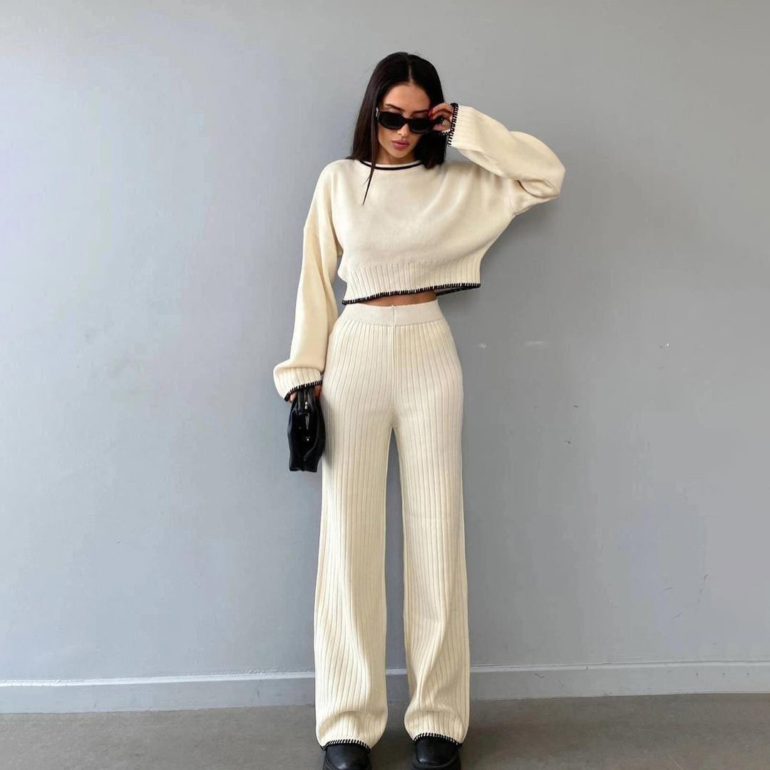 Damen Crop-Pullover und weite Hose Set mit moderne Rippstruktur Drune