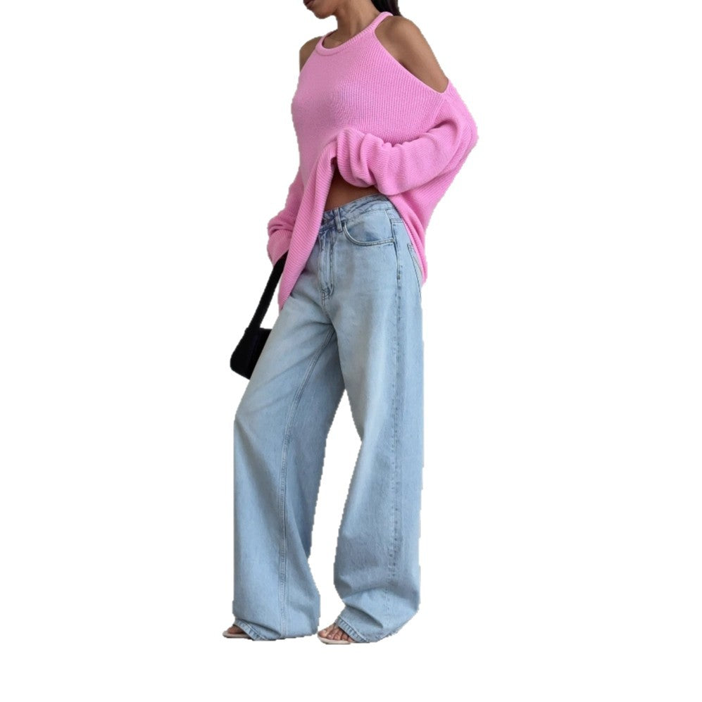 Damen lässiger Strickpullover mit offenem Schulterdesign und weichem Rippenmuster Drune