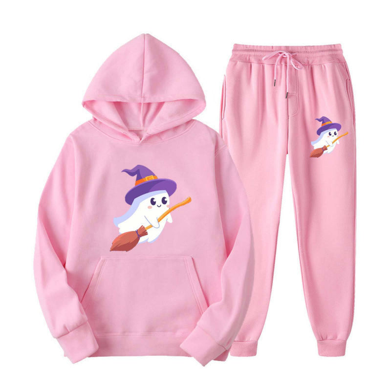 Unisex nan kuscheliger Kapuzenpullover und Jogginghose Set mit Halloween-Geistprint Drune