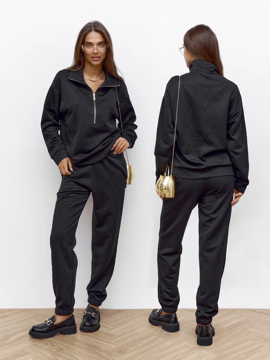 Damen kuscheliger Fleece-Loungewear-Set mit Reißverschluss und Rippstruktur Drune
