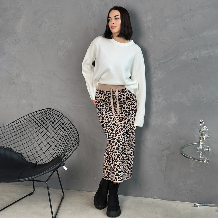 Damen Midi-Rock mit Leopard-Muster und Schlitz-Design Drune