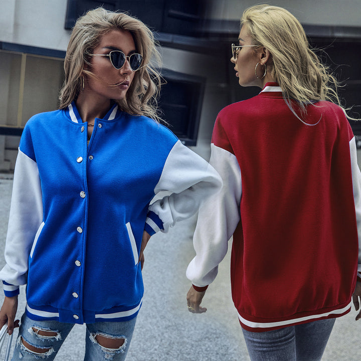 Damen Baseballjacke mit kontrastierenden Ärmeln und Druckknopfverschluss Drune