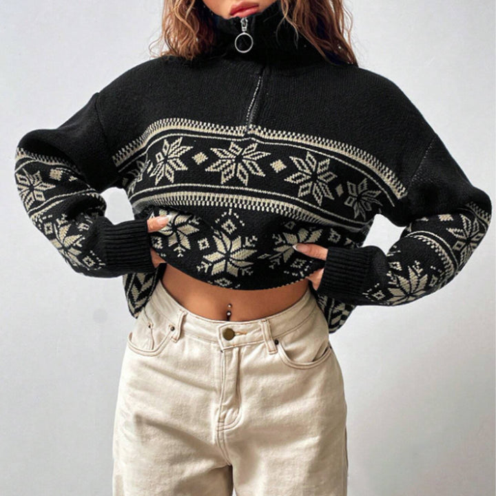Damen Winterpullover mit modernem Schneeflocken-Design und hohem Kragen Drune