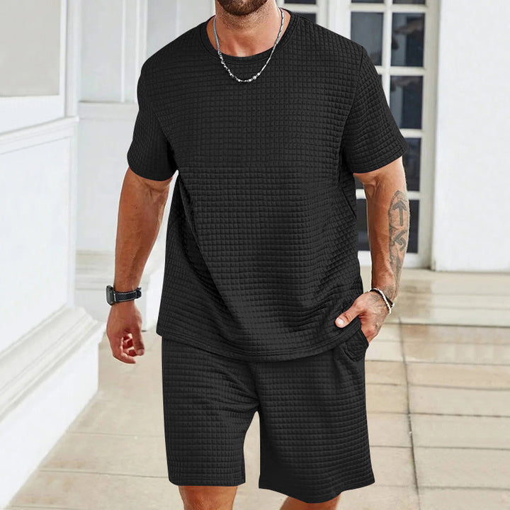 Herren nan Waffelstruktur Wohn- und Freizeit-Set mit weit geschnittenem Kurzarmshirt und kurzer Hose mit elastischem Bund Drune