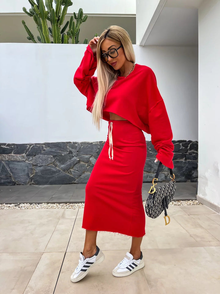 Damen Cropped Sweatshirt und Midirock Set Drune