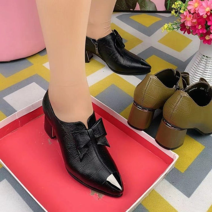 Damen nan elegante Pumps mit spitzer Metallkappe, dekorativer Schleife, seitlichem Reißverschluss und mittelhohem Blockabsatz Drune