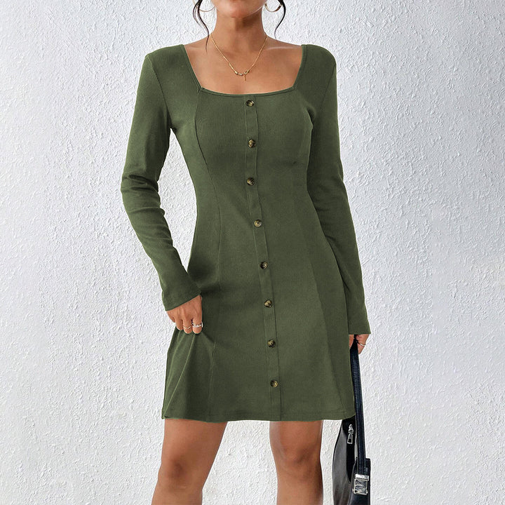Damen Knopfleiste Kleid mit langem Arm und Quadrat-Ausschnitt Drune