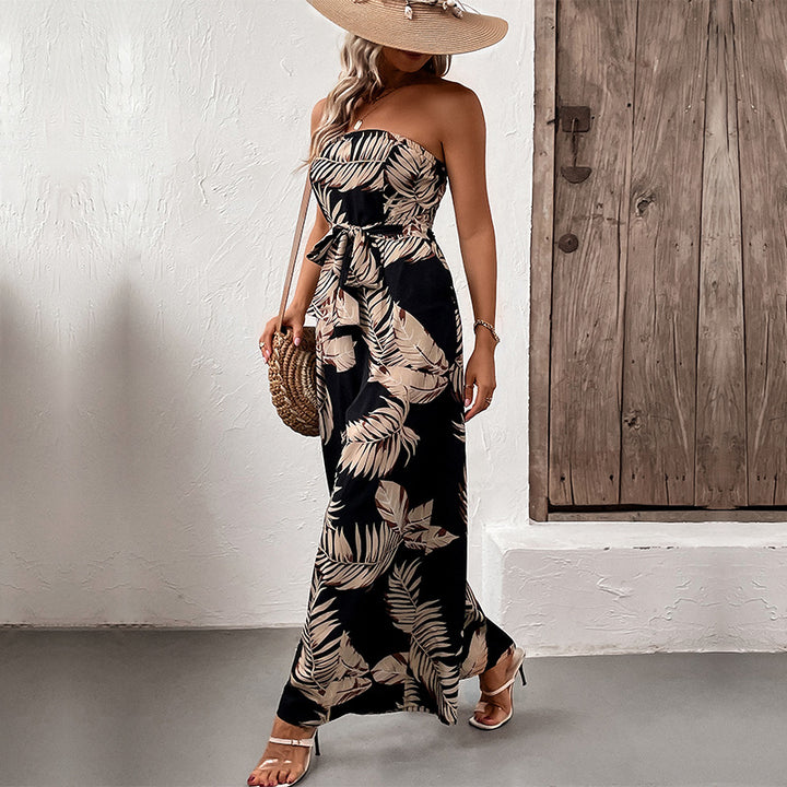 Damen strapless Jumpsuit mit floralem Print und Taillengürtel Drune
