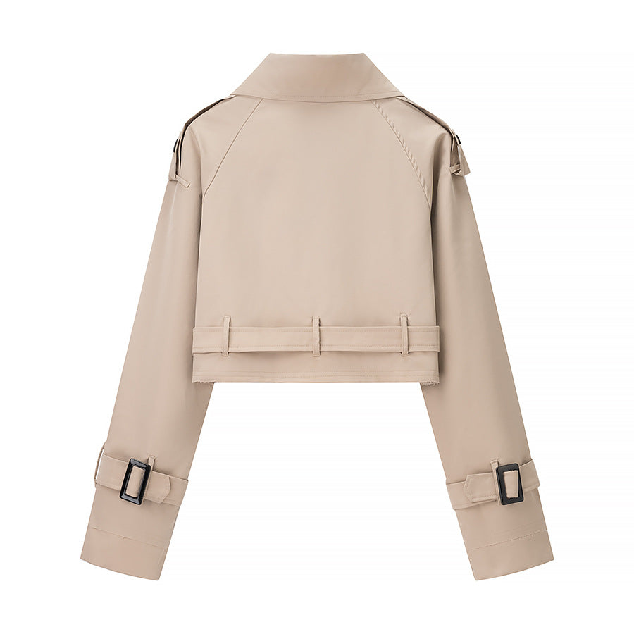 Damen cropped Trenchjacke im modernen Design mit Taillengürtel und doppelter Knopfreihe Drune