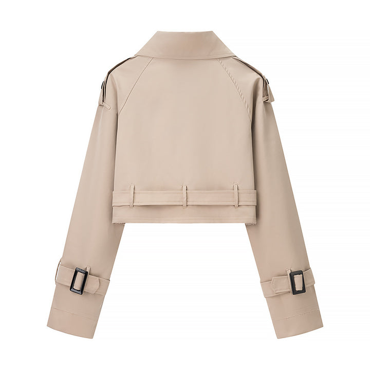 Damen cropped Trenchjacke im modernen Design mit Taillengürtel und doppelter Knopfreihe Drune