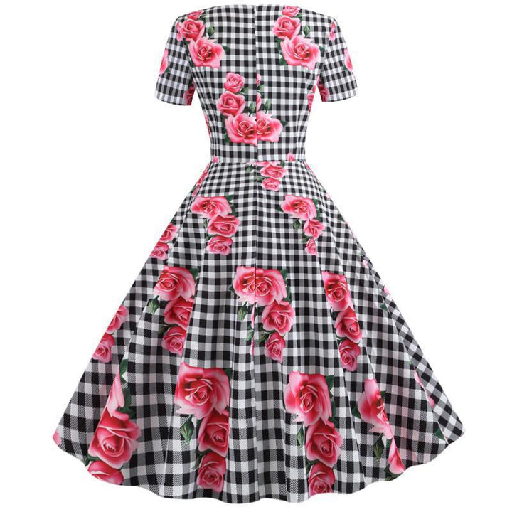 Damen Rockabilly Kleid mit floralem Karomuster Drune