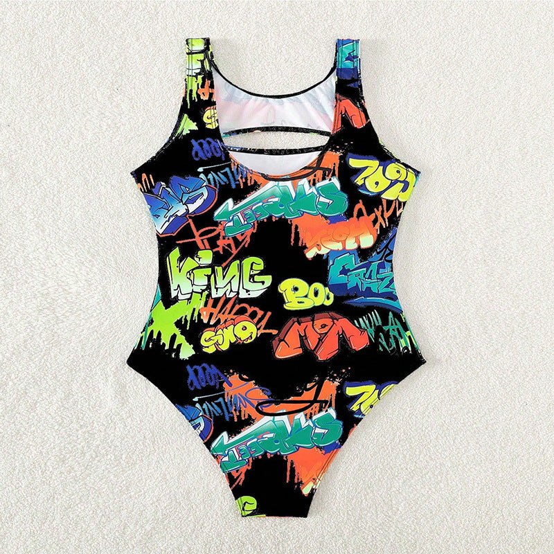 Damen Einteiler Badeanzug mit kreativem Graffiti-Muster und modernem Cut-Out Drune